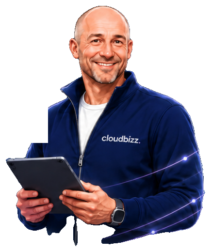 Smiling Cloudbizz expert holding a tablet, surrounded by glowing orbits