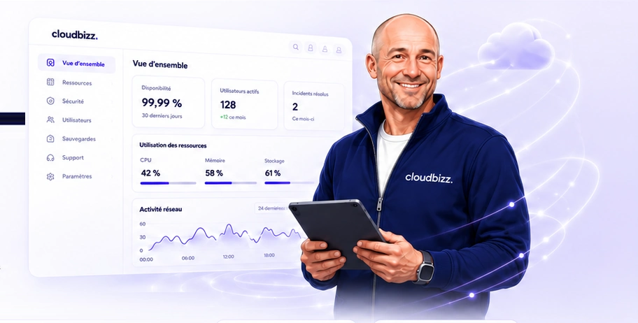 Tableau de bord Cloudbizz avec un expert tenant une tablette